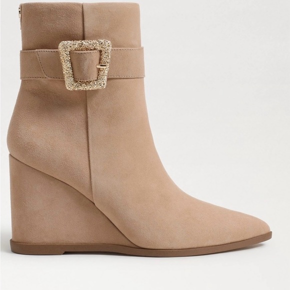 Sam Edelman Weslie Tan Wedge Boots with Gold Buckle - Picture 1 of 6